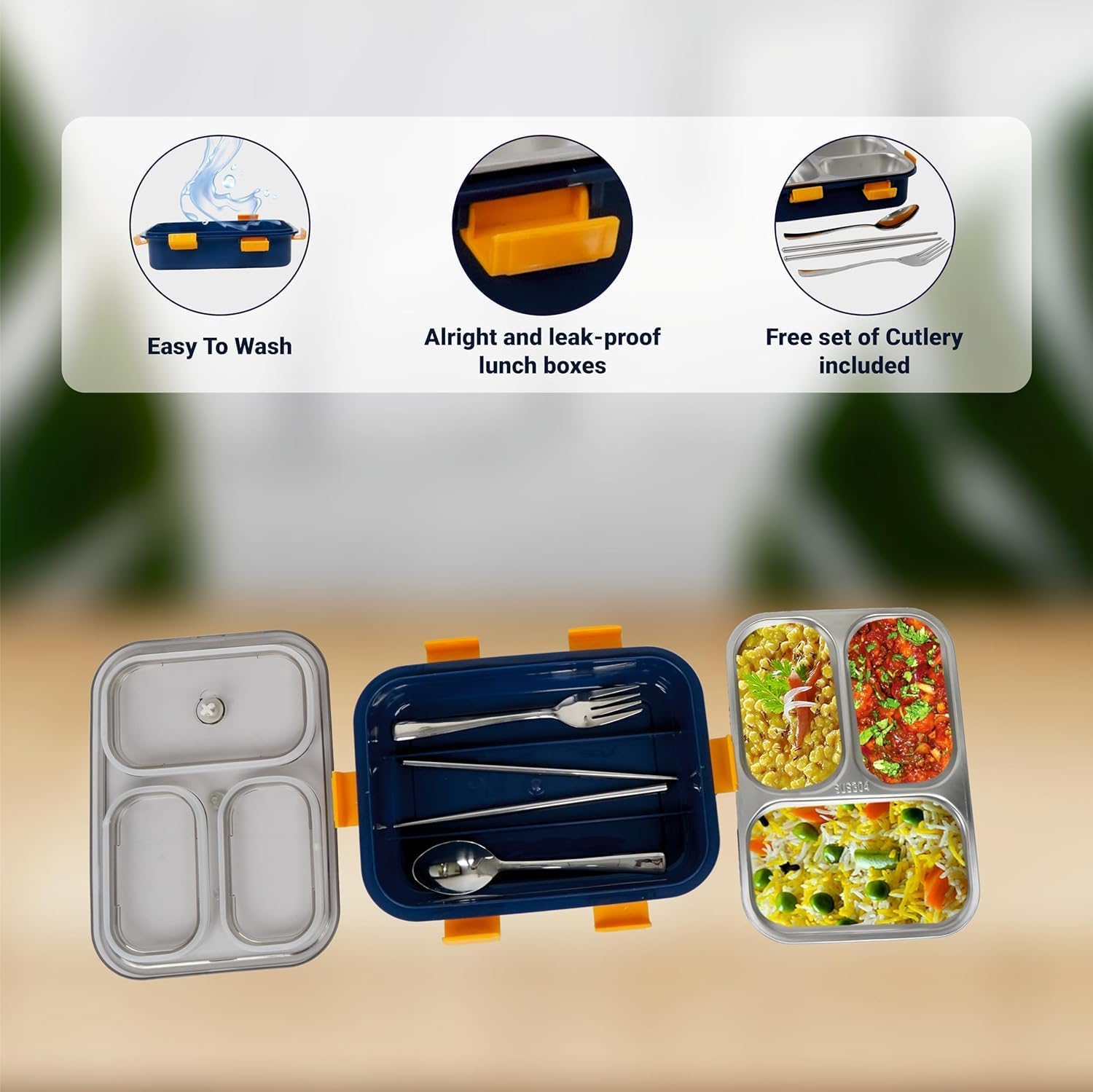 🌟Lunch Box 3 Compartment Leak-Proof BPA Free Stainless Steel for School, Lunch Box for School & Office with a Fork, a Spoon 499 only