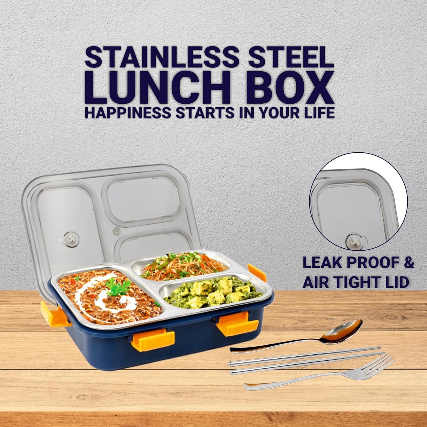 🌟Lunch Box 3 Compartment Leak-Proof BPA Free Stainless Steel for School, Lunch Box for School & Office with a Fork, a Spoon 499 only